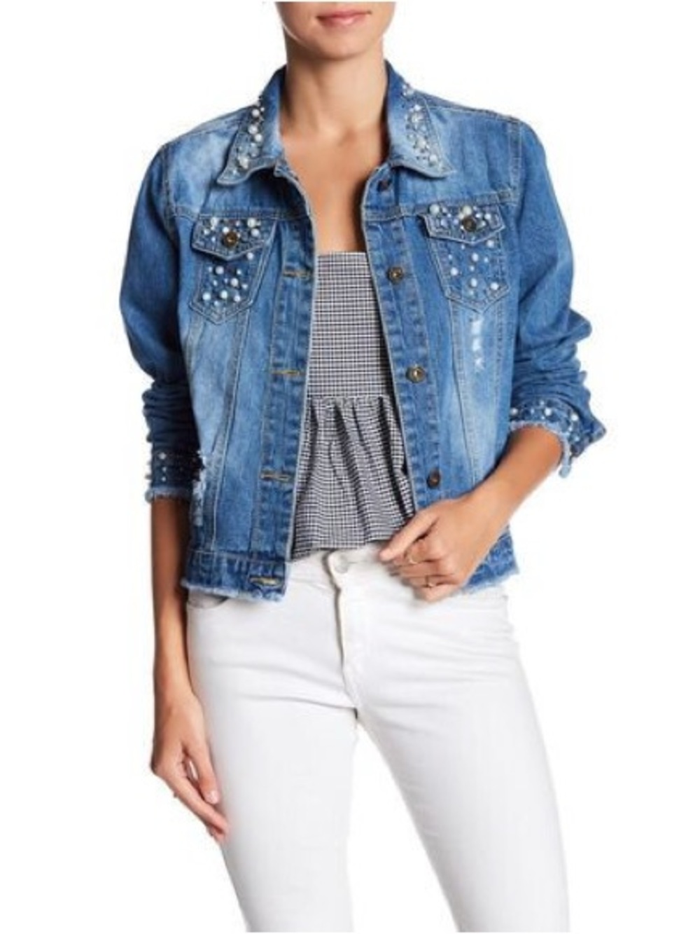Lea & Viola Pearl Embellished Distressed Denim Jacket